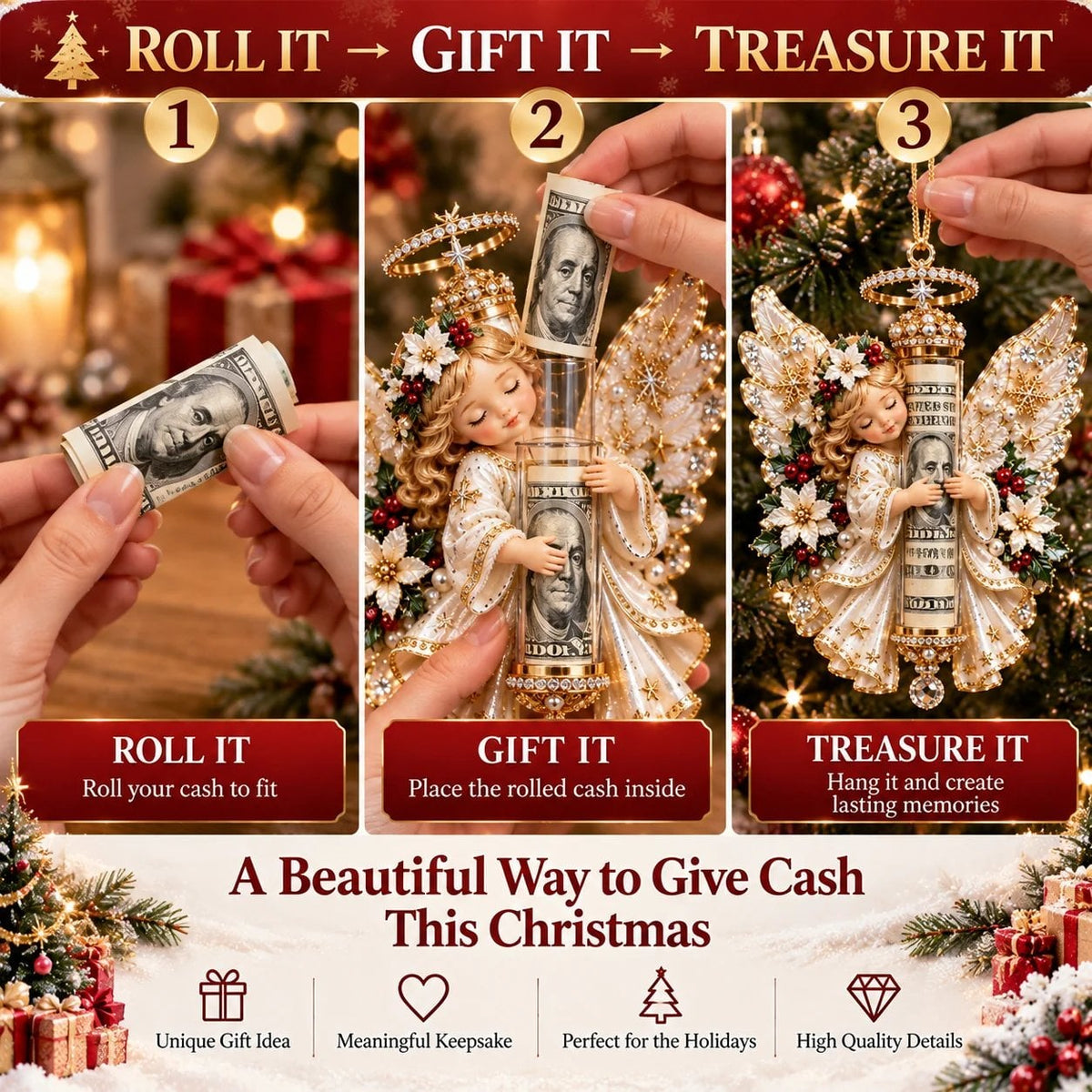3D Angel Christmas Cash Gift Ornament – Holiday Money Holder Keepsake